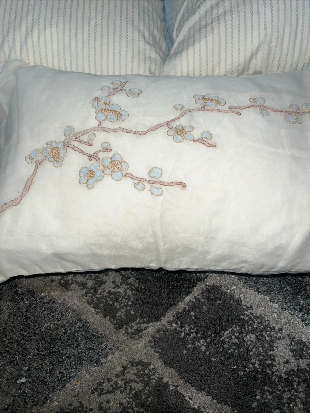 Ralph Lauren Embroidered Floral Accent Pillow in White with Light Blue.